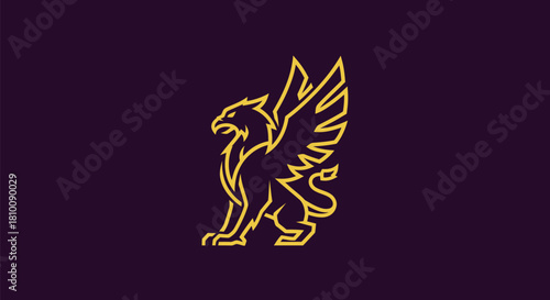 A golden griffin outline on a dark purple background, heraldic with wings