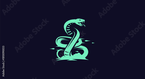 A stylized snake icon, teal on a dark blue background. The snake is coiled, posed to strike