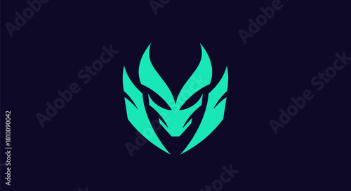 A teal-green stylized emblem with a menacing face on a deep navy background