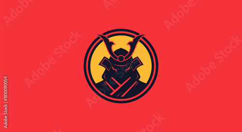 A samurai helmet silhouette within a circle against a red background