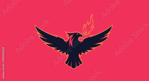 A black stylized bird with orange accents and flame breathing, set against a pink background