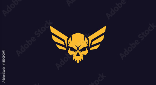 A stylized golden skull with angular wings on a dark navy background