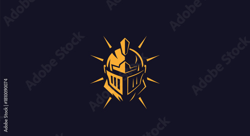 A golden knight helmet icon with radiating spikes on a dark blue background