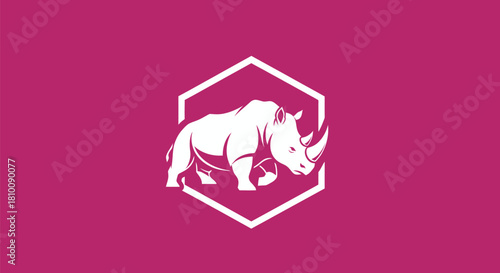 White rhino silhouette within a hexagonal frame on a magenta backdrop
