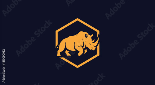 A rhino silhouette inside a hexagon on a dark blue background