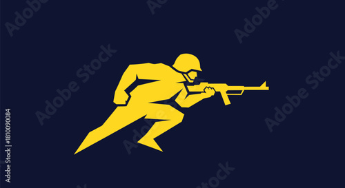 A yellow geometric soldier in motion, holding a rifle, against a deep blue background