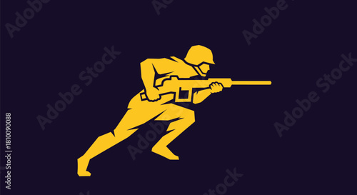 Stylized graphic of a soldier running with a rifle, rendered in gold on a dark blue background
