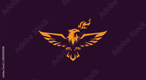 A stylized eagle emblem in gold against a dark purple background, breathing fire