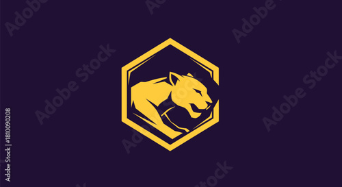 A golden cougar emblem inside a hexagon on a dark purple background