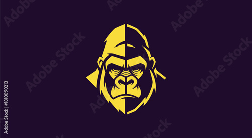 Stylized gorilla head in yellow and black. Graphic ape face, symmetrical and strong