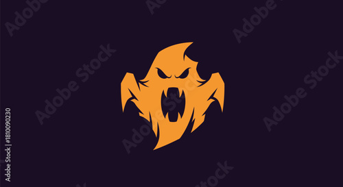 A fierce orange ghost silhouette with fangs and angry eyes against a dark purple background