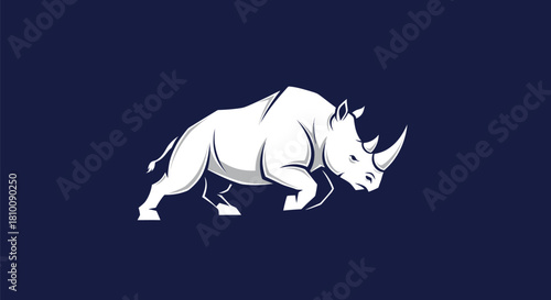 A white rhino illustration, in motion, set against a dark blue background