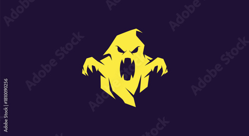 A stylized, yellow ghost graphic with sharp teeth and claws against a dark purple background