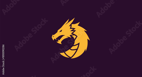 A stylized golden dragon head emblem on a dark purple background, curved like a 'C'
