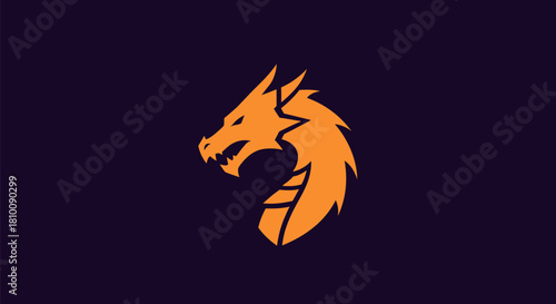 A stylized, orange dragon head in profile against a deep purple background