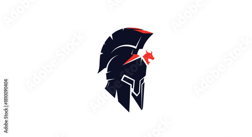 A dark blue helmet with red accents, a stylized design evoking strength and conflict