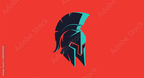 A minimalist depiction of a Spartan helmet with teal accents, set against a red background