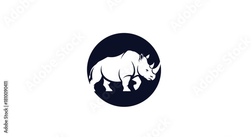 A white rhino illustration within a dark blue circle, centered on a white background