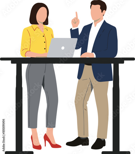Corporate team standing at office desk using laptop, man pointing finger while talking to woman, vector illustration.