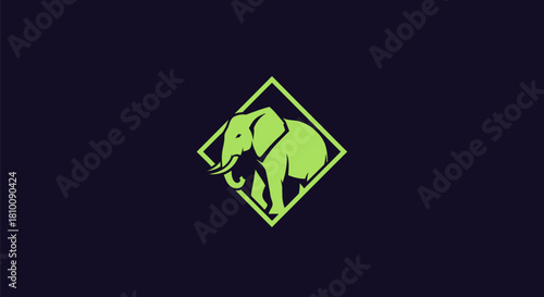 A stylized elephant silhouette within a diamond frame, set against a dark background