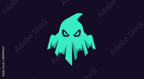A stylized ghost figure, teal on a dark purple background, with a fierce expression