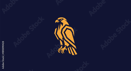 A geometric gold eagle on a dark blue background. The bird is facing left, a minimalist design