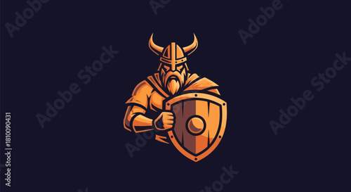 A stylized golden Viking figure with horned helmet and shield. Dark background
