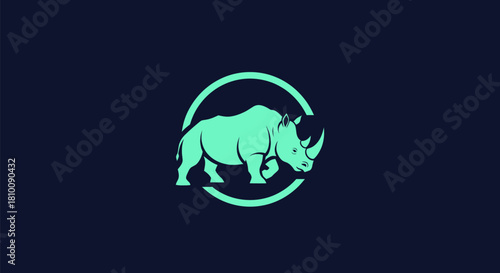 A cyan rhino logo within a ring on a dark blue background