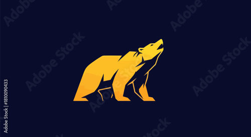 A stylized golden bear silhouette on dark blue background, looking upward and howling