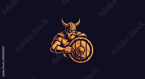 A stylized gold viking holds a shield, rendered against a dark navy background