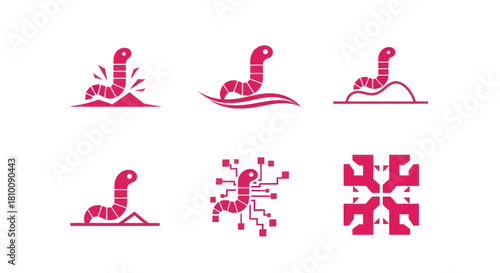 Six minimalist worm icons in pink, each representing a different concept, against a white background