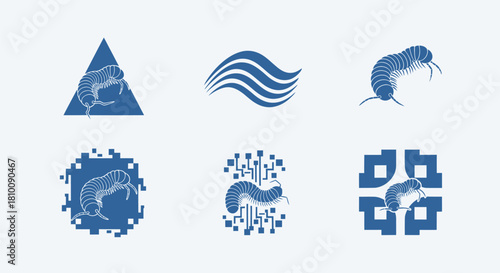 Six blue designs a wave, shapes, and trilobite-like creatures