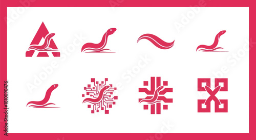 Eight stylized snake-like icons in shades of pink on white, framed in pink