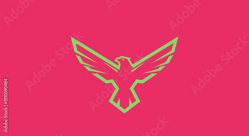 Green stylized eagle with outstretched wings against a pink background