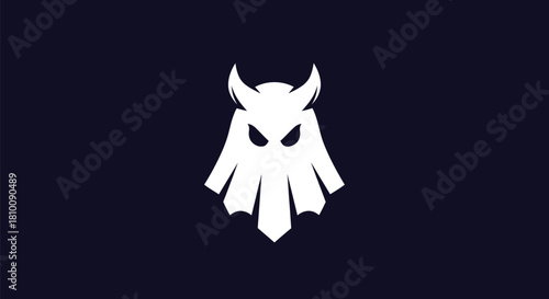 White devil-like emblem with horns and a draped body on a dark background
