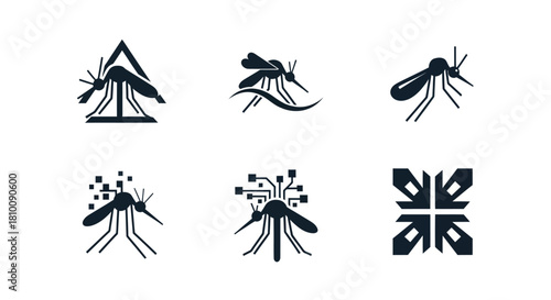 A collection of six stylized black insect illustrations with minimalist design elements on a white background