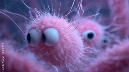 A funny pink rounded microbe with an expressive face, spinning around itself playfully, concept of microbiology, medicine, viruses, bacteria, and microbes