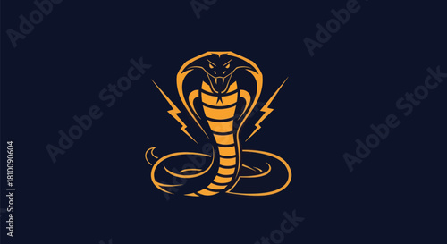 A golden cobra graphic with lightning bolts on a dark blue background