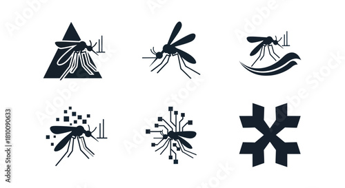 Six stylized mosquito silhouettes, some with additional graphic elements