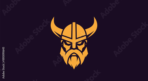 Gold Viking helmet and bearded face on a dark purple background. Detailed, geometric