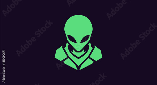 A geometric alien head and partial torso in bright green against a dark purple background