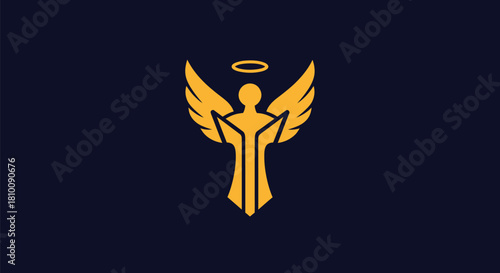 A golden angel icon with a halo and spread wings, centered on a dark blue background