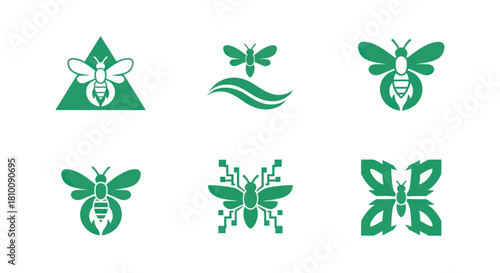 Six green insect logos, each uniquely styled on a white background
