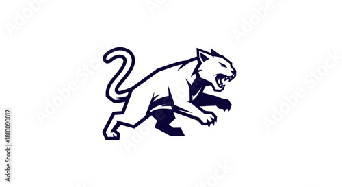 A stylized image of a leaping feline with exposed teeth, dark outline, white fill, on a white background