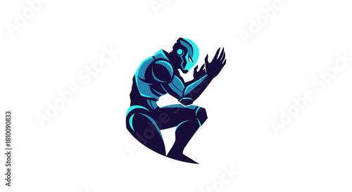 A kneeling, humanoid figure in blue and dark tones, appears in thought or distress
