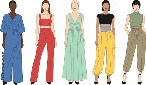 Set of diverse women fashion illustrations standing in a row wearing trendy summer outfits, dresses, and pants, vector sketch.