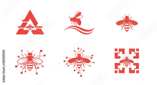 Six stylized red bee logos on white background. Different designs, including techy versions