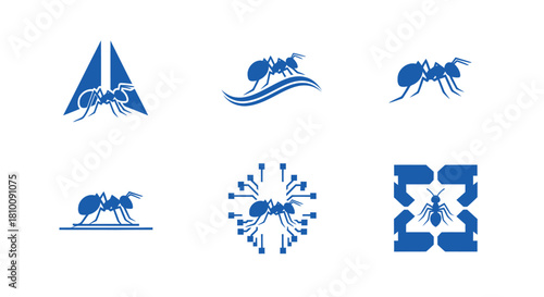 Six blue ant designs on white background, varying in style from simple to complex