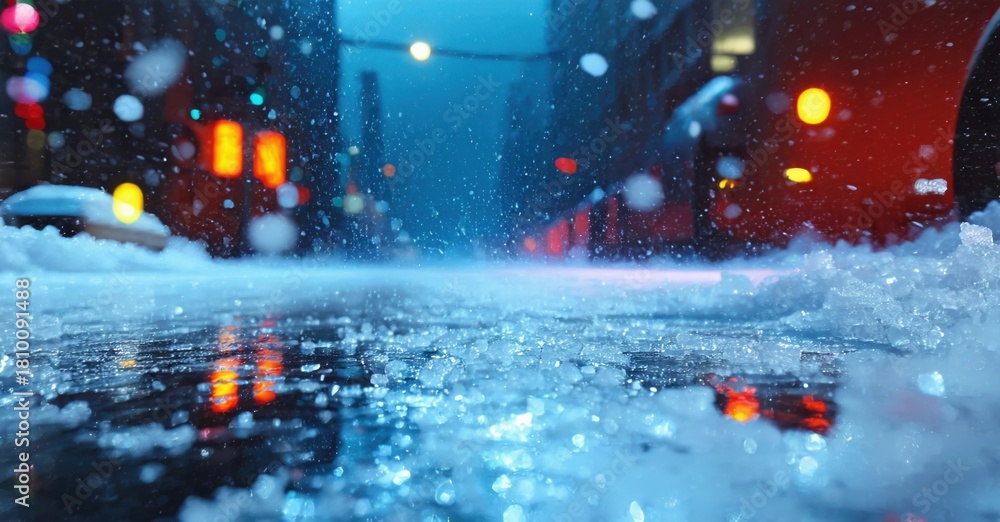 Obraz premium City street scene. Snow falls upon wet pavement, lights blur. Winter ambiance, nighttime urban landscape. Reflections shimmer.