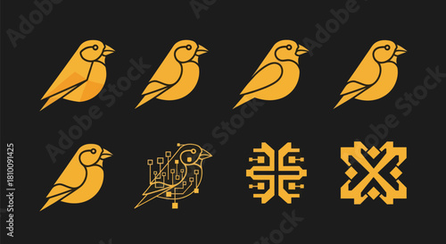 Eight yellow bird illustrations evolve from geometric to circuit board motifs, on a black background
